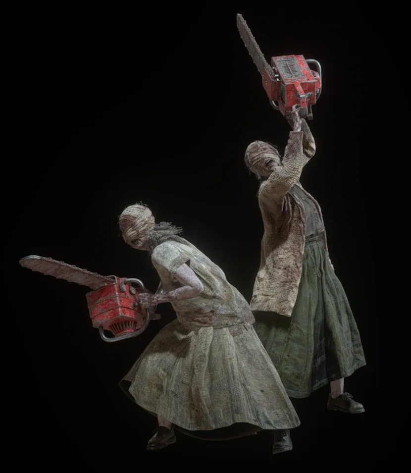 The Chainsaw Sisters from the Resident Evil 4 remake, twin bandage-headed Ganados wielding red chainsaws.