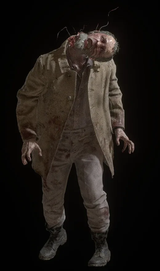 The Ganado Desnucado from the Resident Evil 4 remake, a villager with a broken neck and Plaga tendrils sprouting from the wound.