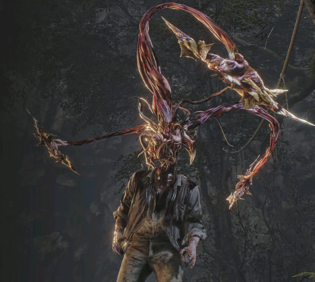 A Plaga Guadaña emerging from a Ganado host in the Resident Evil 4 remake, its scythe-tipped tentacle raised.
