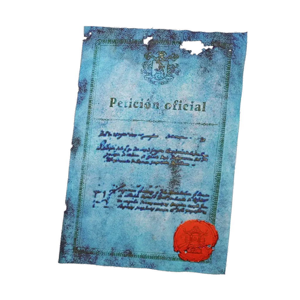 A Merchant request note from the Resident Evil 4 remake, the blue papers that award spinel.
