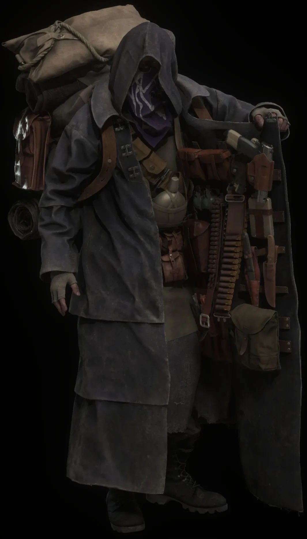 The Weapons Merchant from the Resident Evil 4 remake in his long black coat, the game's shop and upgrade vendor.