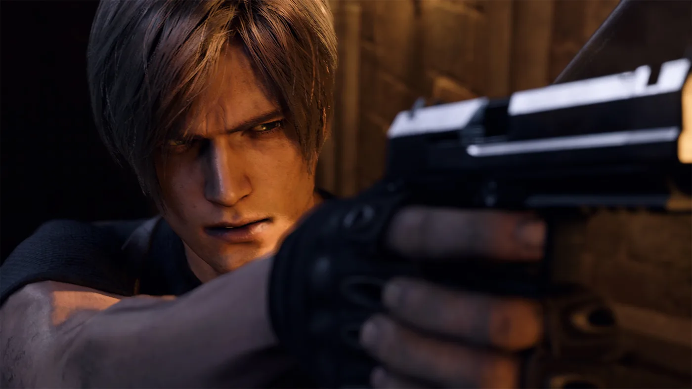 Close-up of Leon Kennedy aiming a black handgun past the camera, his gloved hand large in the foreground and a dim wooden wall behind him, in a Resident Evil 4 Gold Edition screenshot from Nintendo's Switch 2 store listing.