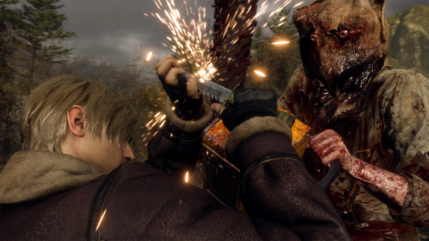 Leon Kennedy, seen over his shoulder, blocking a chainsaw with his combat knife in a shower of sparks as a villager with a bloodied sack over his head bears down on him, in a Resident Evil 4 Gold Edition screenshot from Nintendo's Switch 2 store listing.