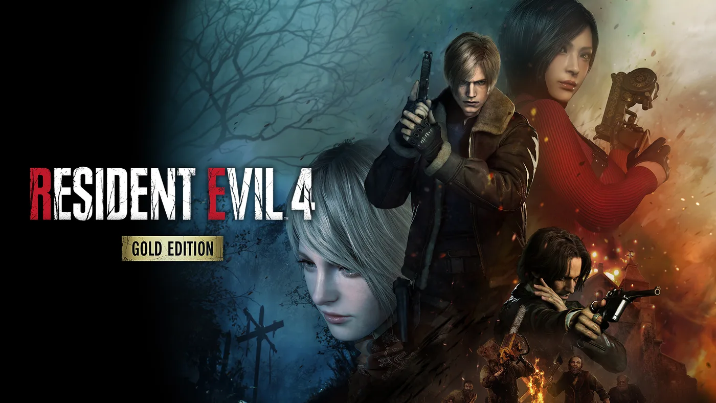 Resident Evil 4 Gold Edition key art from Nintendo's Switch 2 store listing: the Resident Evil 4 Gold Edition logo on the left, Leon Kennedy holding a handgun upright at the center, Ada Wong in a red sweater holding a grapple gun at upper right, Ashley Graham's face at lower left, Luis Sera aiming a pistol at lower right, and villagers, one carrying a chainsaw, around a fire at the bottom.