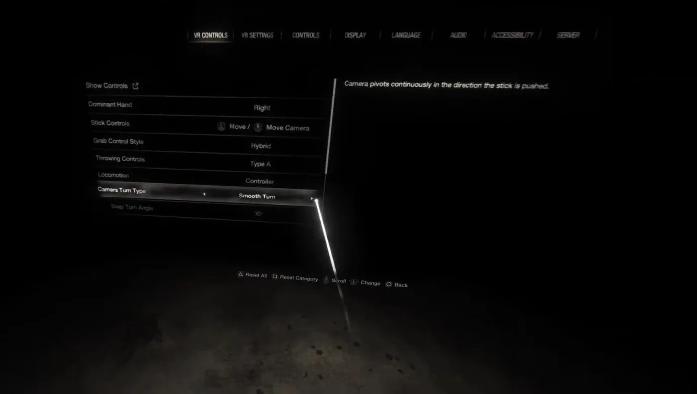 The VR Controls tab in Resident Evil 4 VR Mode showing Dominant Hand, Stick Controls, Grab Control Style, Throwing Controls, Locomotion and Camera Turn Type.