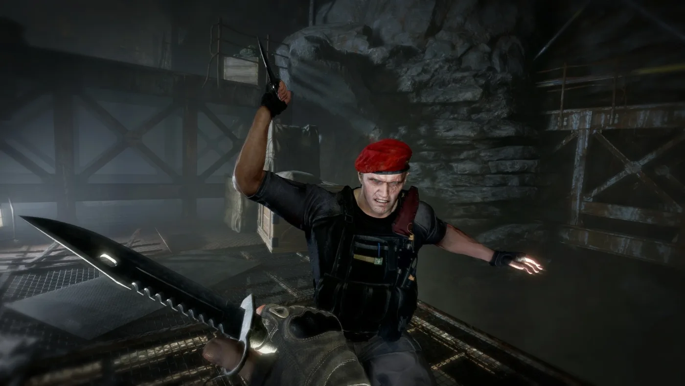 Krauser lunging with his knife in Resident Evil 4 VR Mode, seen in first person with Leon holding his combat knife up in the foreground.