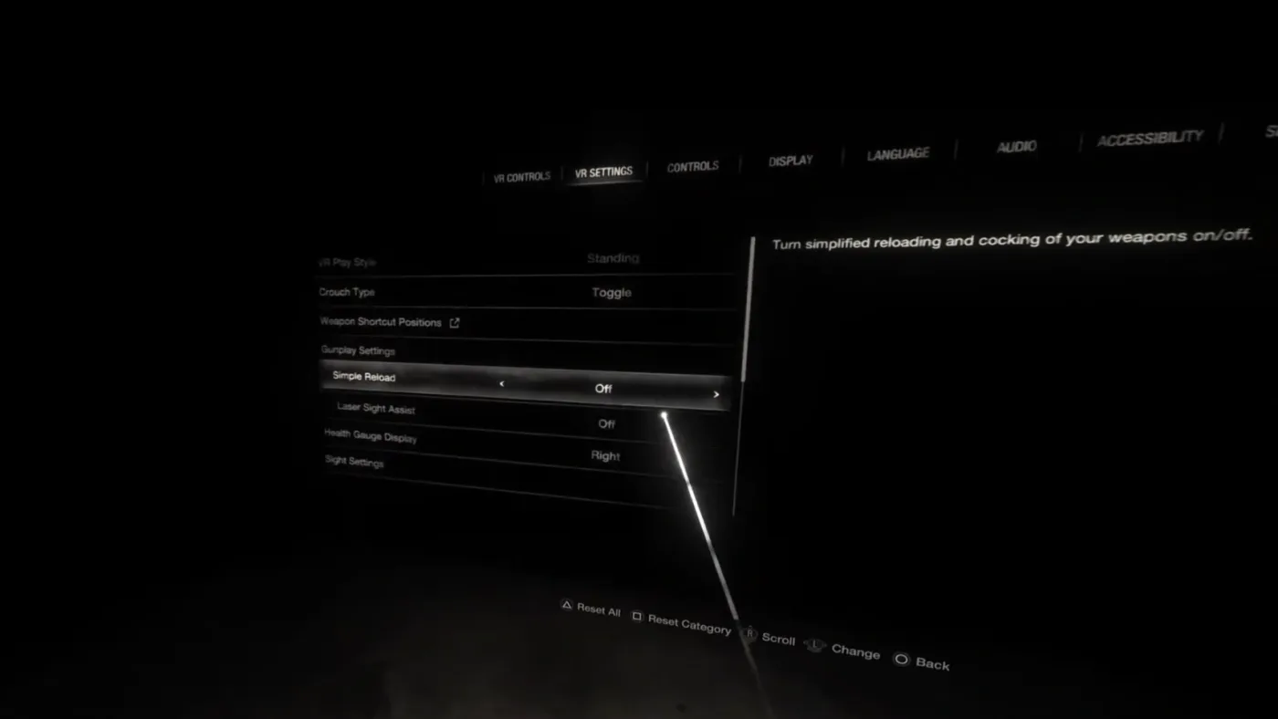 The VR Settings tab in Resident Evil 4 VR Mode with Simple Reload highlighted and set to Off, alongside VR Play Style, Crouch Type and Laser Sight Assist.