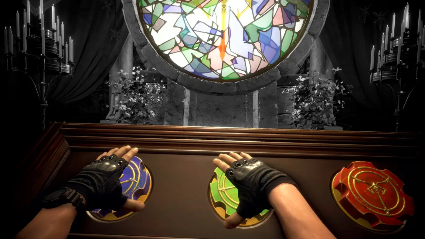 Both of Leon's hands pressing coloured emblem dials on a wooden console beneath a stained-glass window in Resident Evil 4 VR Mode.