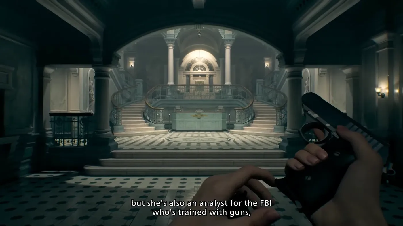 Grace Ashcroft aiming her handgun in first-person view in Resident Evil Requiem