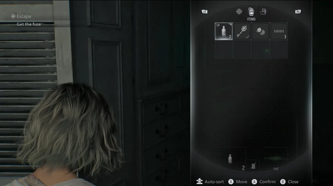 Grace Ashcroft inventory screen in Resident Evil Requiem showing the slot-based grid layout