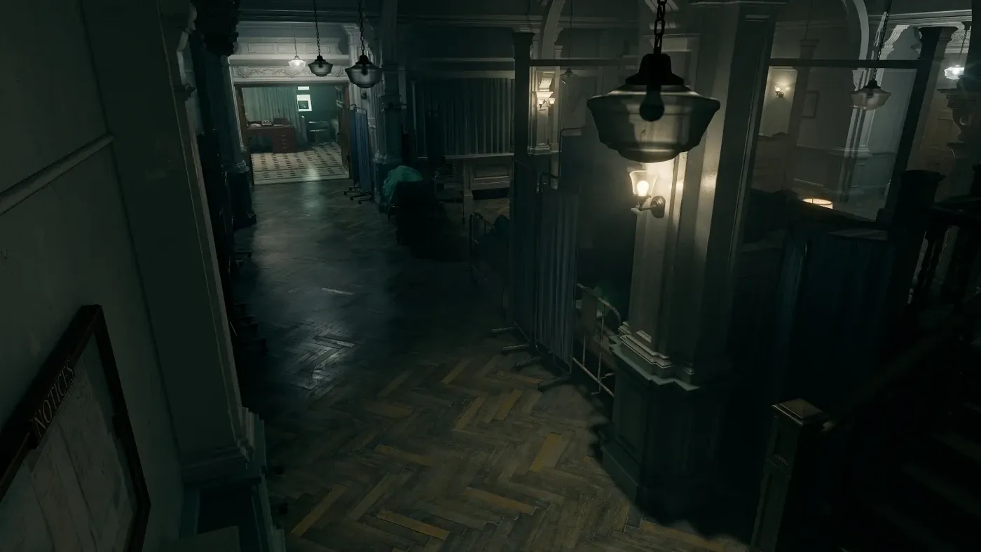 Rhodes Hill Chronic Care Center rendered in the RE Engine, showing photorealistic decayed hospital interiors