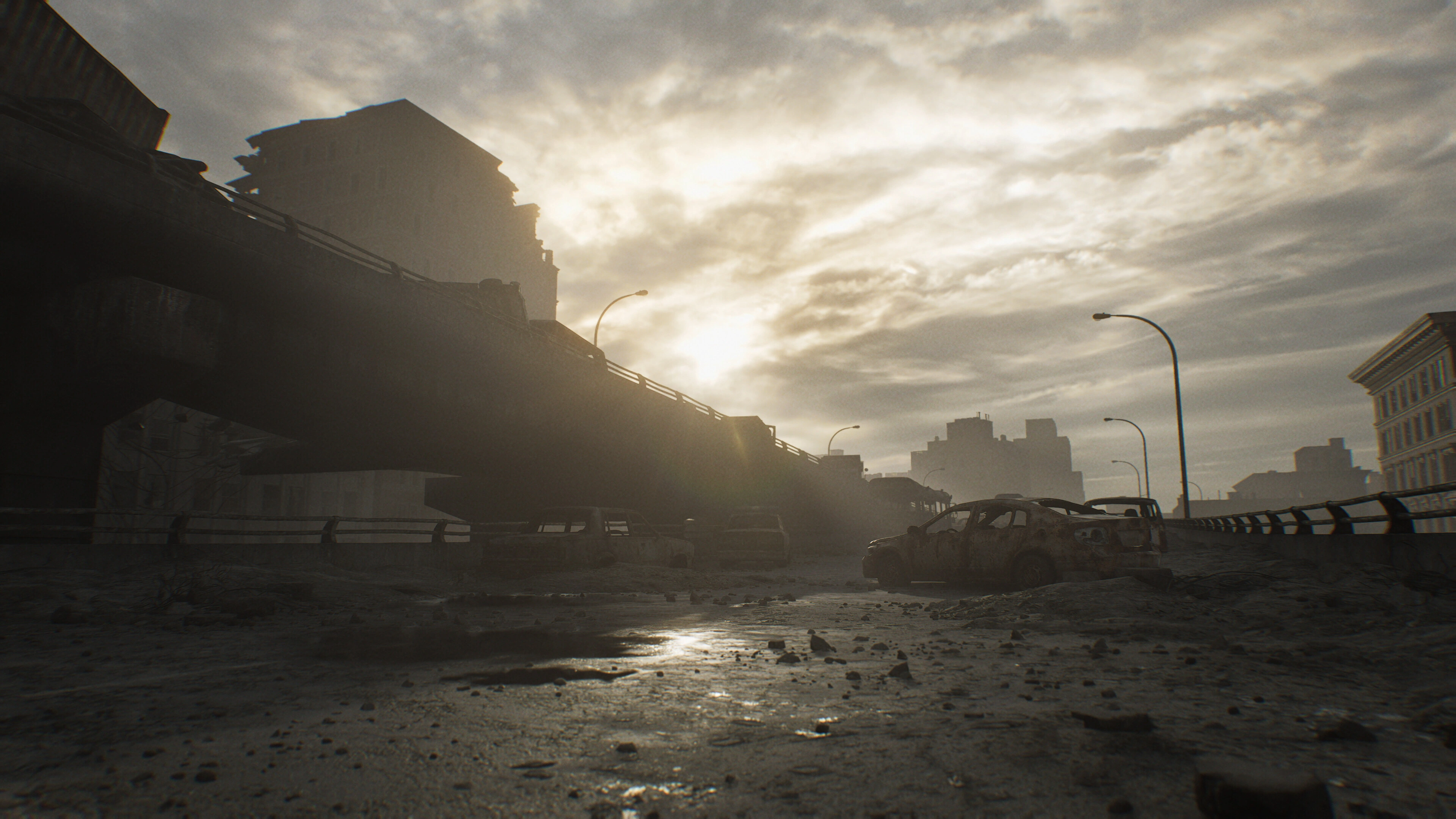 The ruins of Raccoon City in Resident Evil Requiem, destroyed streets overgrown after decades of decay