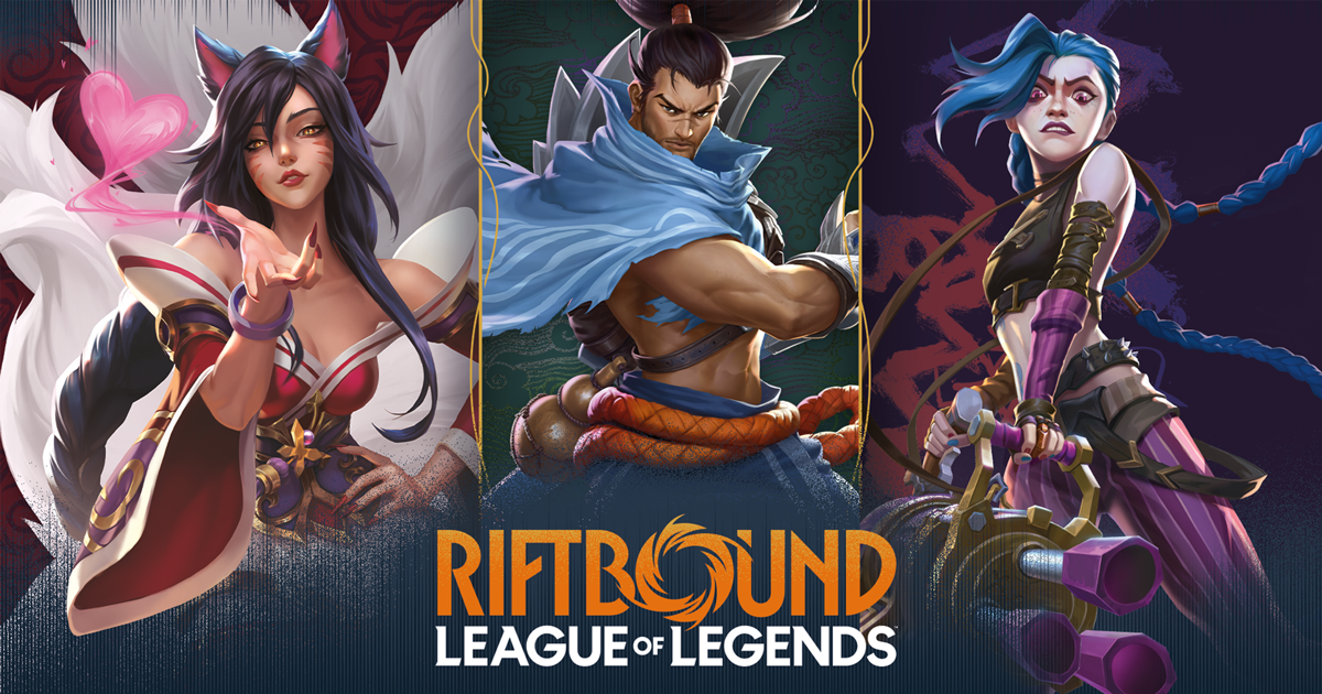 Riftbound: League of Legends TCG key art showing Ahri, Yasuo and Jinx in card-frame panels beneath the Riftbound logo.