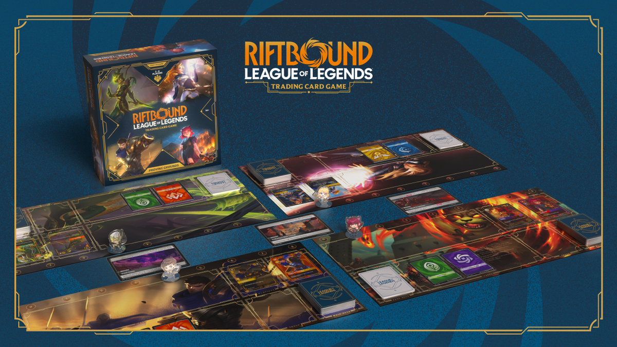Riftbound Proving Grounds starter set box beside a laid-out play area with playmats, battlefield cards between the players, and unit cards deployed on each side
