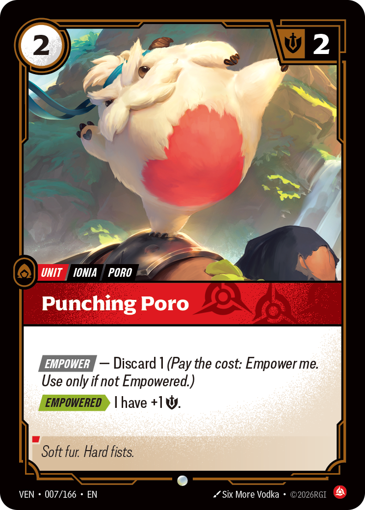 Riftbound unit card Punching Poro, cost 2 in the upper left, Might 2 in the upper right, type line reading Unit Ionia Poro, with Empower and Empowered abilities