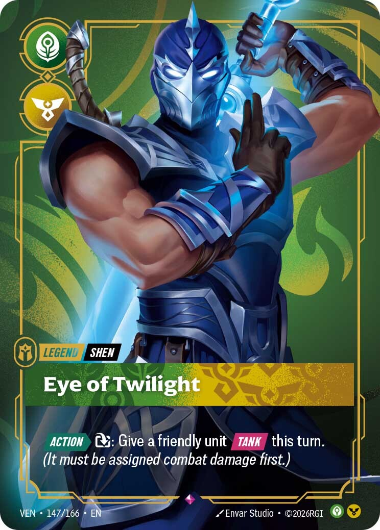 Riftbound Legend card Eye of Twilight showing Shen, with Calm and Order domain symbols stacked in the upper-left corner and an Action ability granting Tank