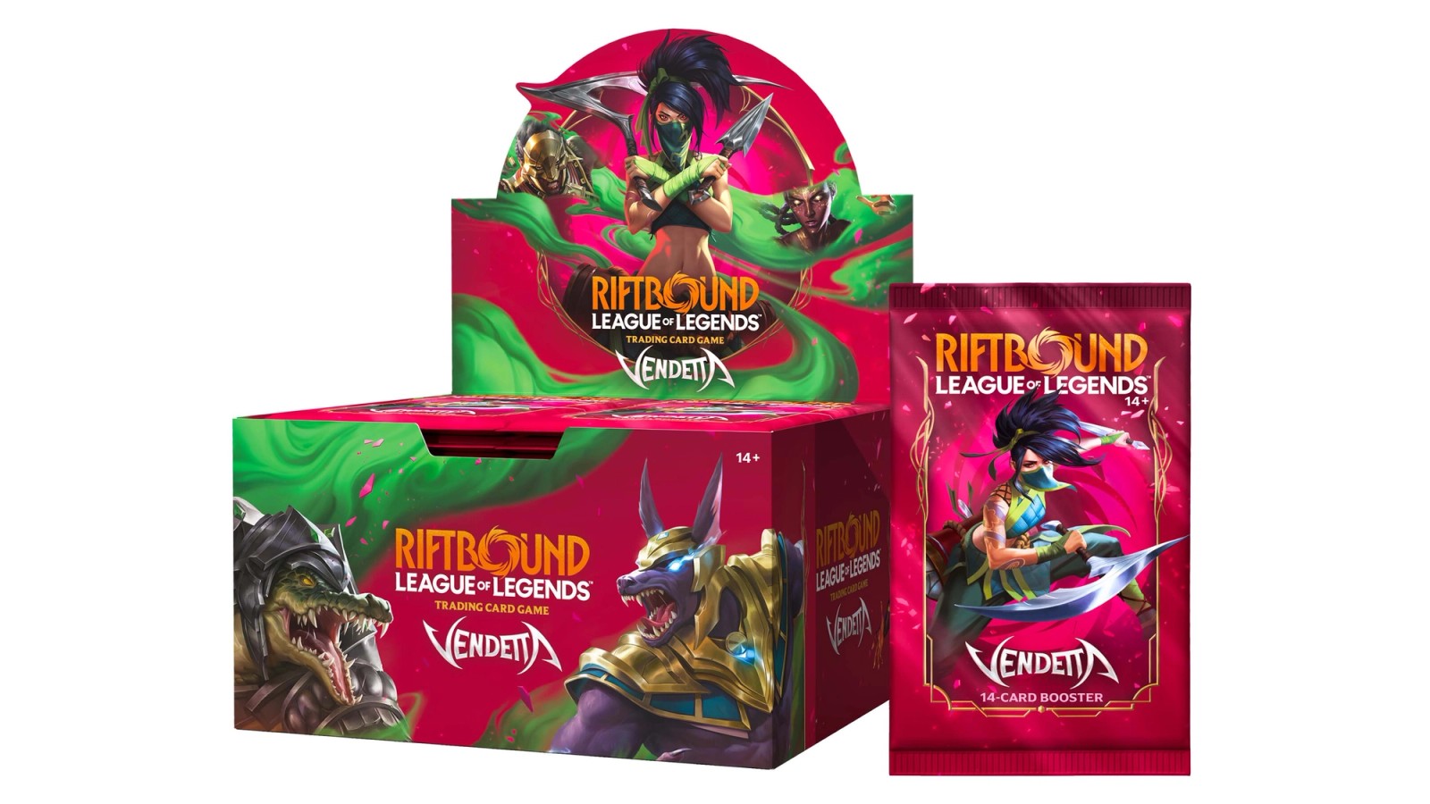 Riftbound Vendetta booster display box and a single 14-card Vendetta booster pack in pink and green packaging