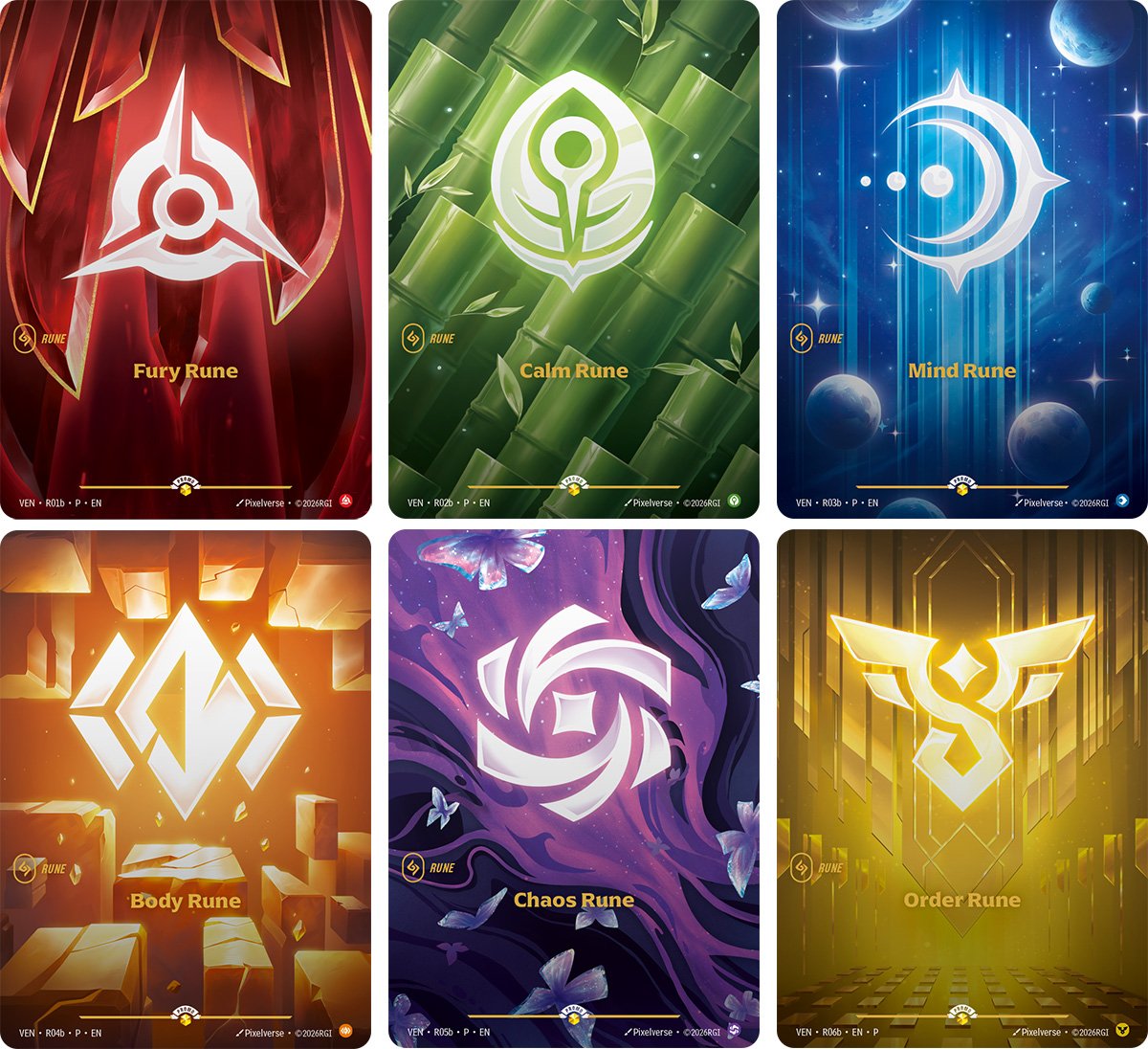 The six Riftbound Vendetta Alternate Rune cards - Fury, Calm, Mind, Body, Chaos and Order - shown as a grid of full-art rune cards numbered VEN R01b to R06b.