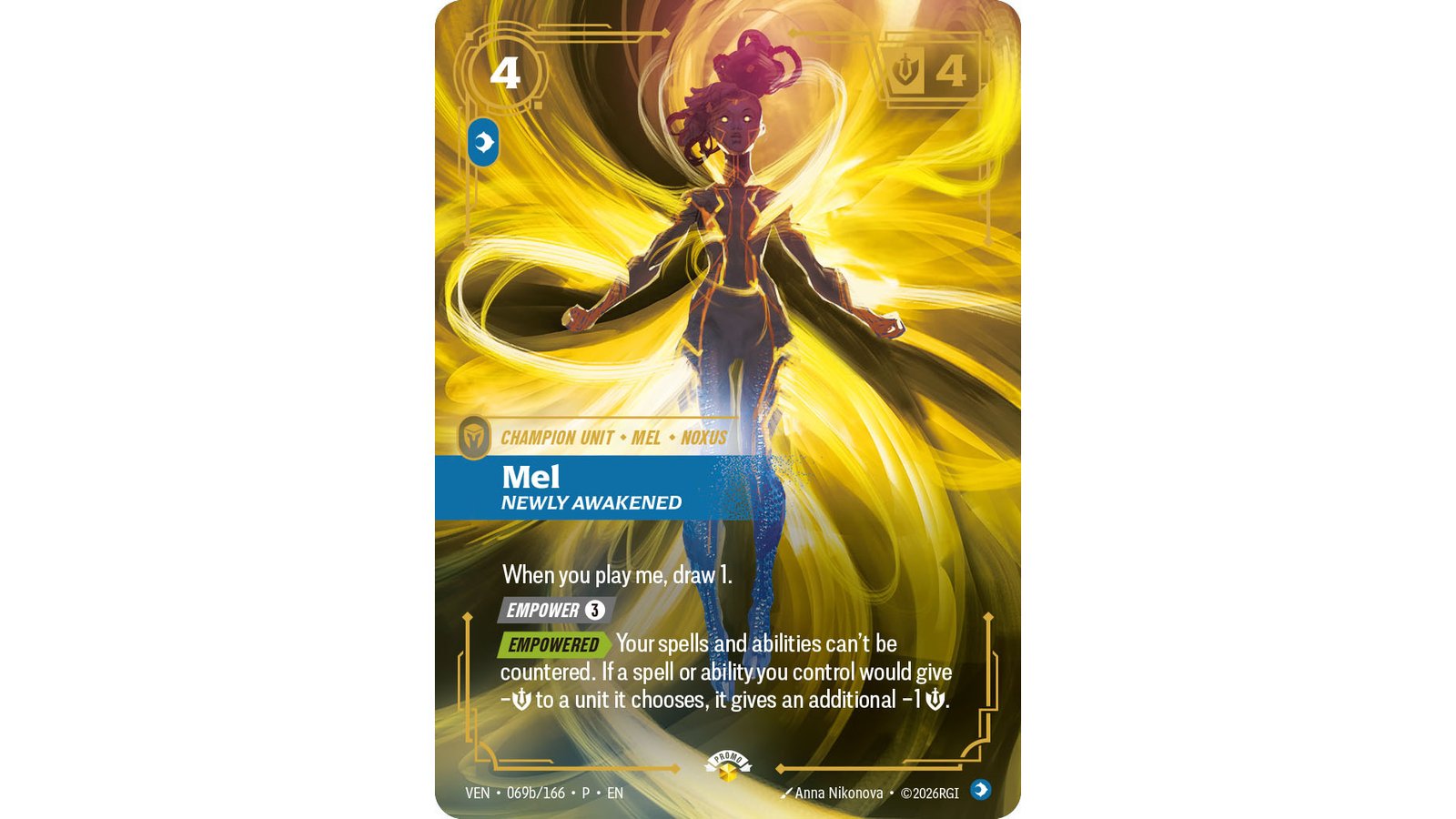 Riftbound Vendetta card Mel, Newly Awakened, numbered VEN 069b/166, showing the Empower 3 activated ability and its dependent Empowered ability text.