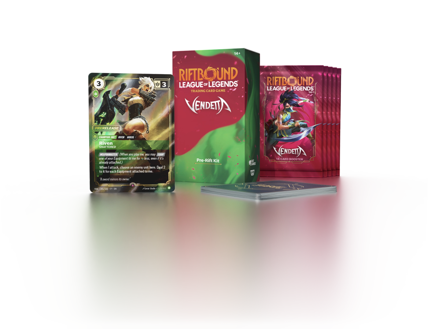 Riftbound Vendetta Pre-Rift Kit box beside a stack of 14-card Vendetta boosters and the Riven, Shattered prerelease promo card numbered VEN 041/166.