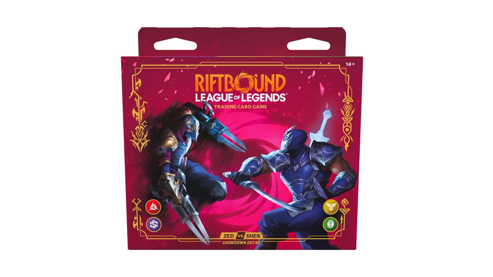 Riftbound Vendetta Showdown Decks box art showing Zed and Shen mid-clash with their domain icons printed down each side of the package.