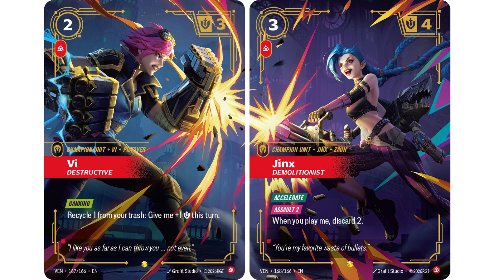 Riftbound Vendetta Rival Overnumber diptych: Vi, Destructive numbered VEN 167/166 beside Jinx, Demolitionist numbered VEN 168/166, their fists and weapon clashing across the two card borders.