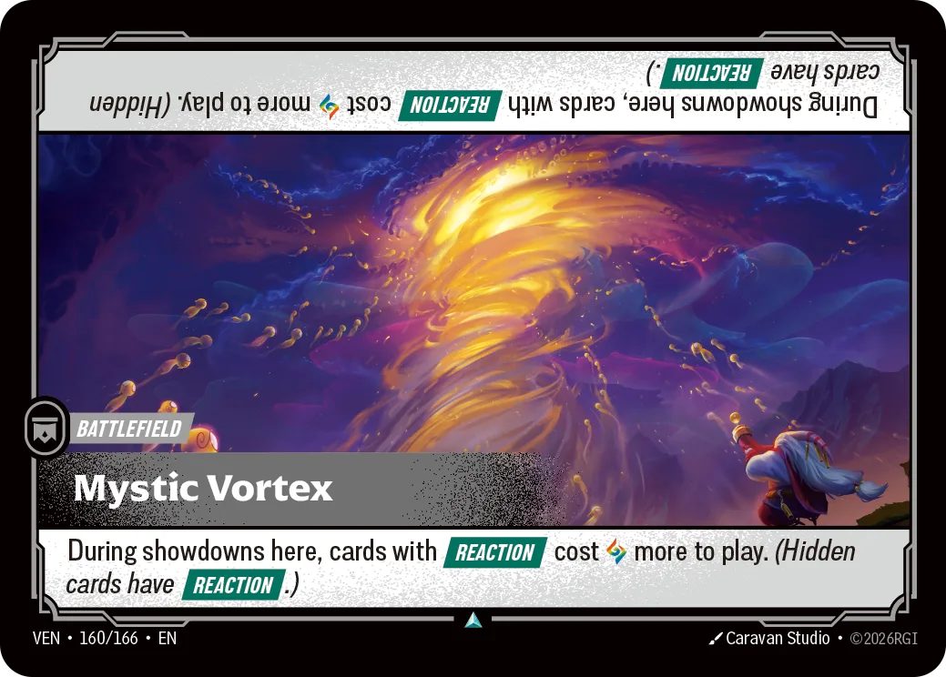 The Riftbound battlefield card Mystic Vortex, VEN 160/166, a landscape card whose art shows a golden whirlpool spiralling through a purple night sky with tendrilled shapes circling it and a small robed figure watching from a cliff, above rules text reading "During showdowns here, cards with Reaction cost 1 Power of any domain more to play. (Hidden cards have Reaction.)"