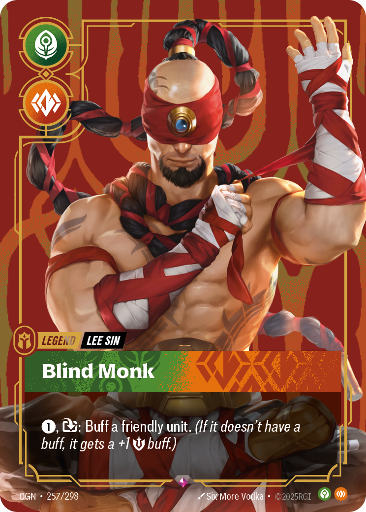 The Riftbound Champion Legend card Blind Monk, showing Lee Sin wrapping his hands, the LEGEND and LEE SIN tag line, two domain symbols in the upper-left corner, and the ability "1, exhaust: Buff a friendly unit."