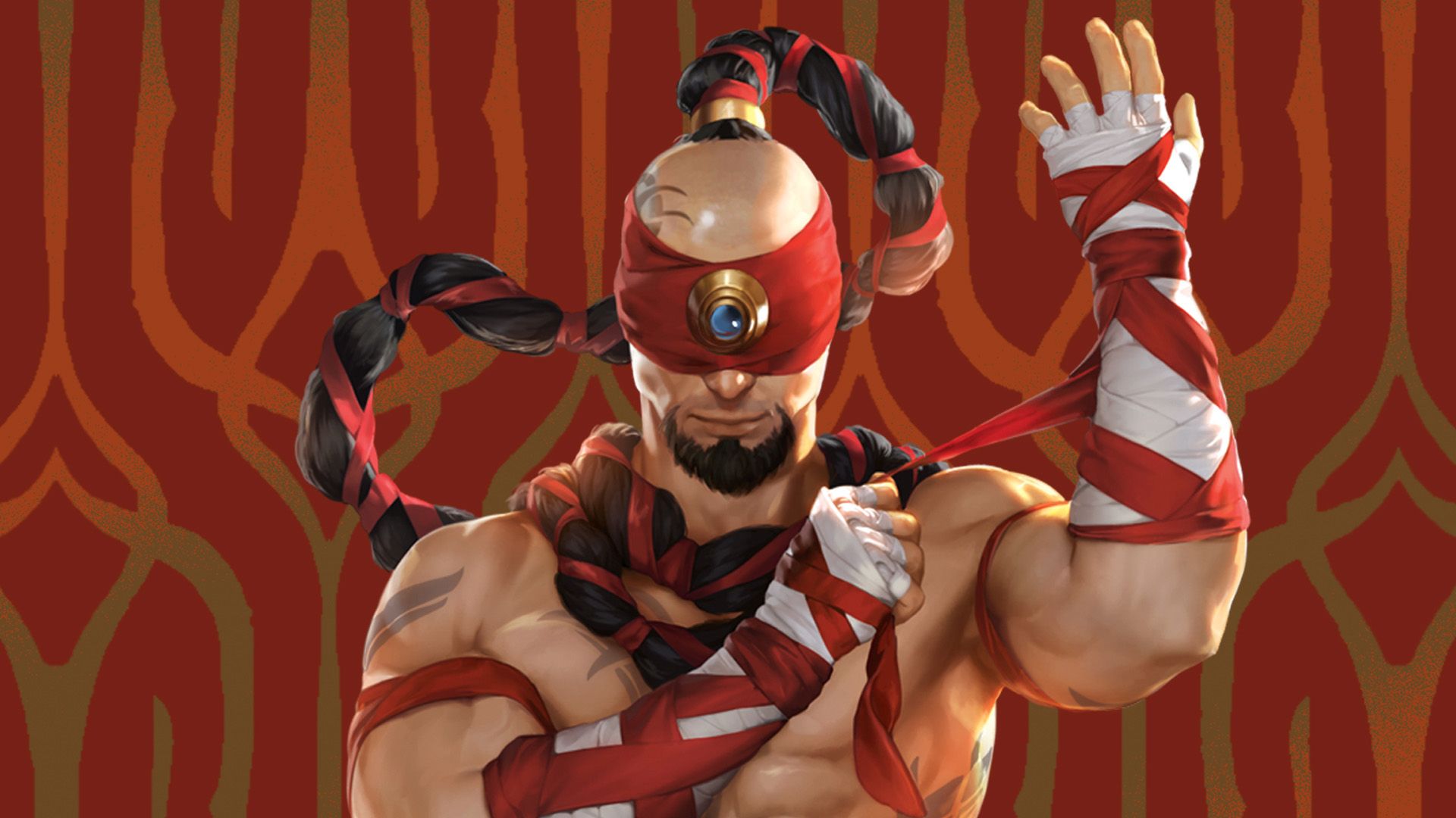Official Riftbound artwork of Lee Sin, the Blind Monk, wrapping the red bandages on his fists against a red patterned backdrop - the key art Riot used for its own Deckbuilding Primer.