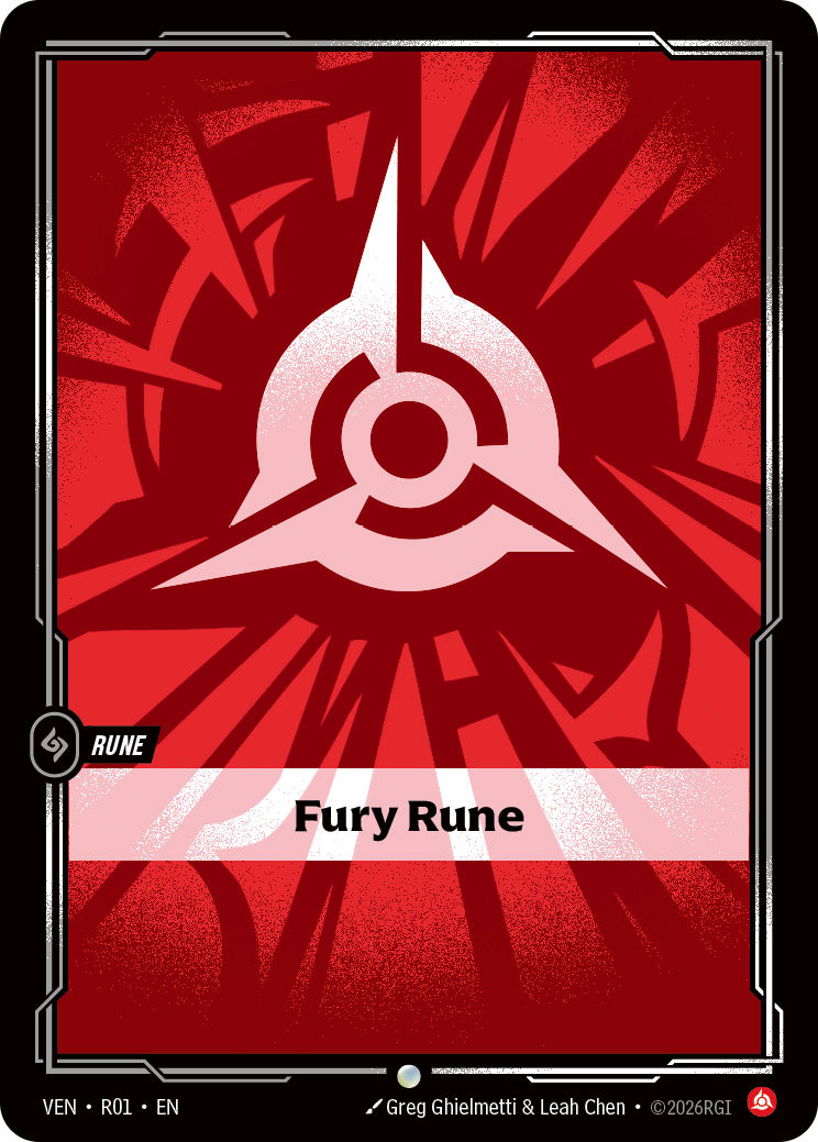 The Riftbound Fury Rune card, VEN R01, showing the white three-pointed Fury domain sigil on a red starburst background with the RUNE type line.