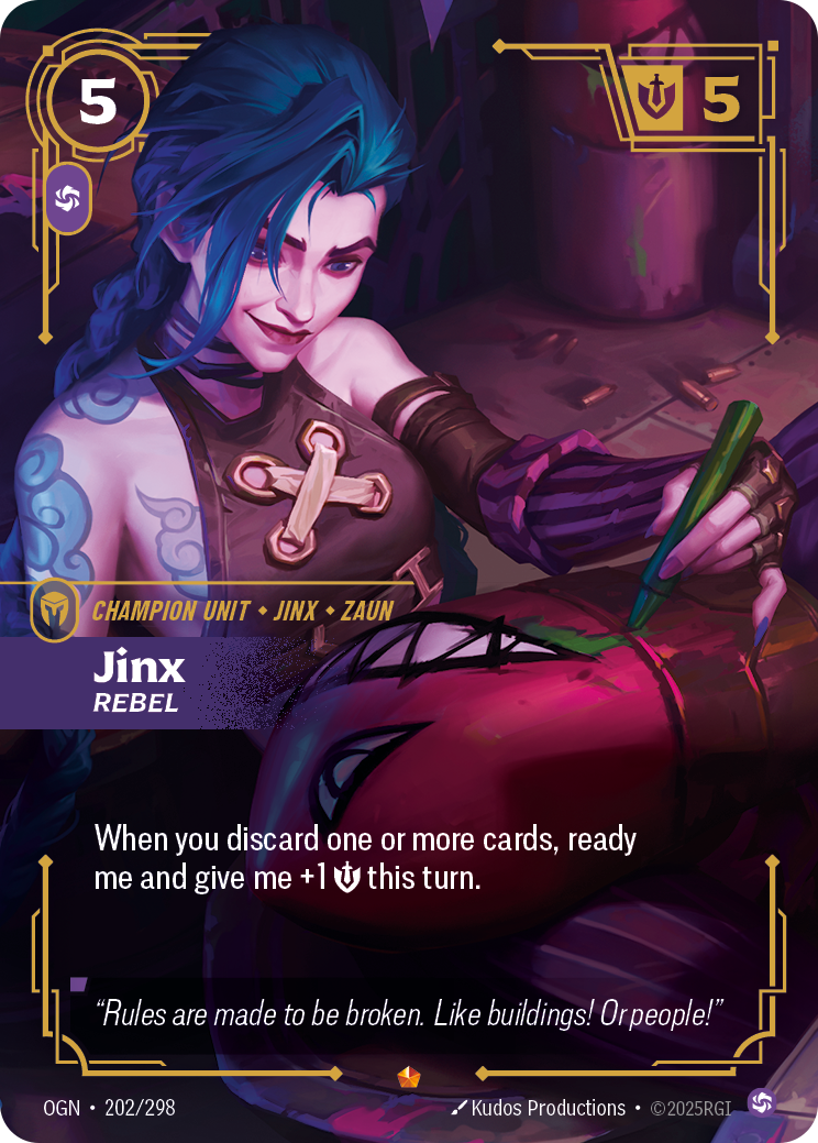 The Riftbound champion unit card Jinx, Rebel - collector number OGN 202/298 - showing an energy cost of 5 with a single purple Chaos power symbol beneath it, a might of 5, and the type line CHAMPION UNIT, JINX, ZAUN.