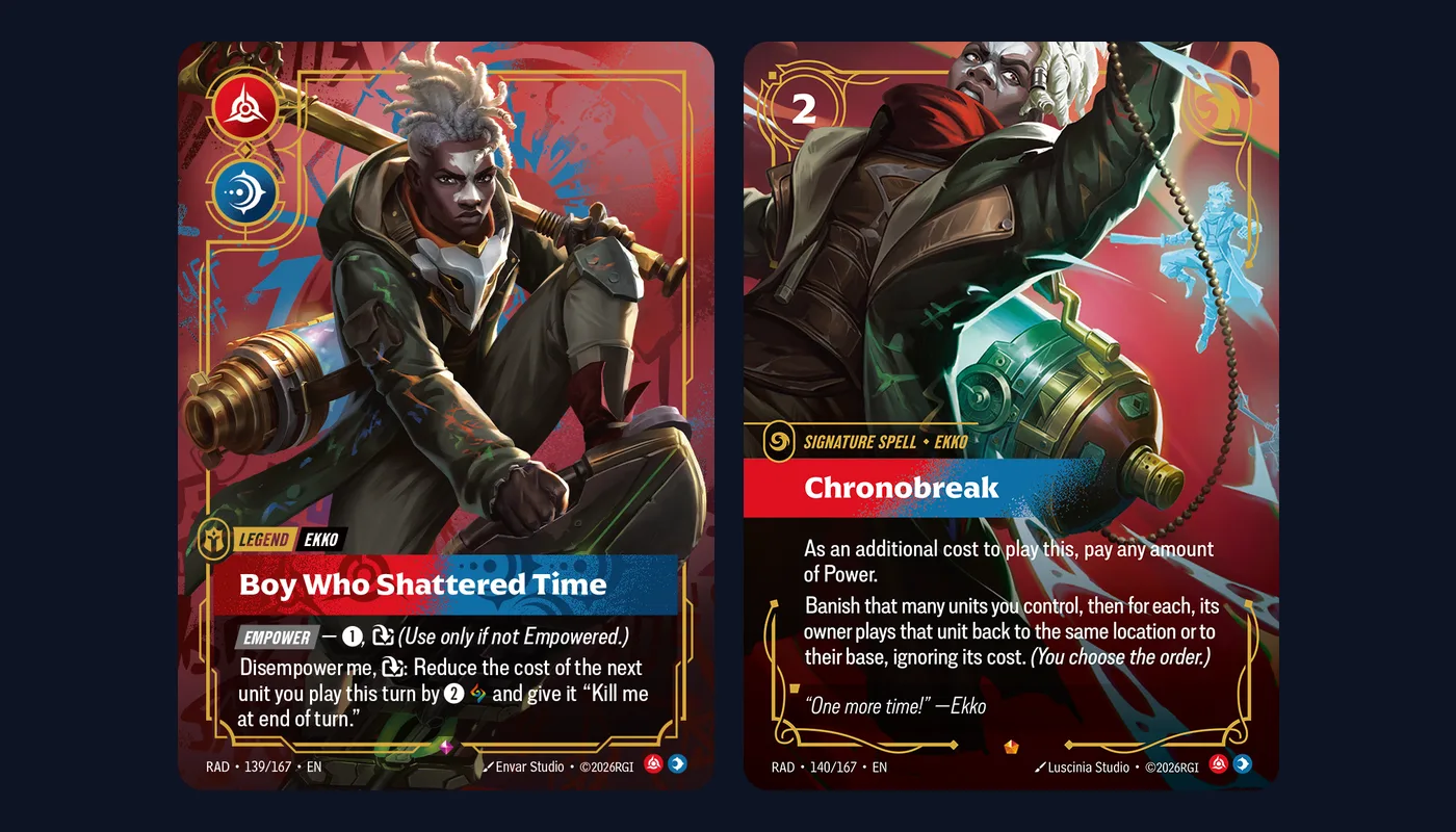 Two Riftbound Radiance cards side by side on a dark navy background: the Ekko Legend Boy Who Shattered Time (RAD 139/167), showing Ekko in a hooded green coat crouching with a long gold-tipped weapon over his shoulder beside a brass time device, with red Fury and blue Mind symbols in the corner, and his Signature spell Chronobreak (RAD 140/167), a 2-cost card showing Ekko swinging a chained device while blue afterimages of him flicker behind.