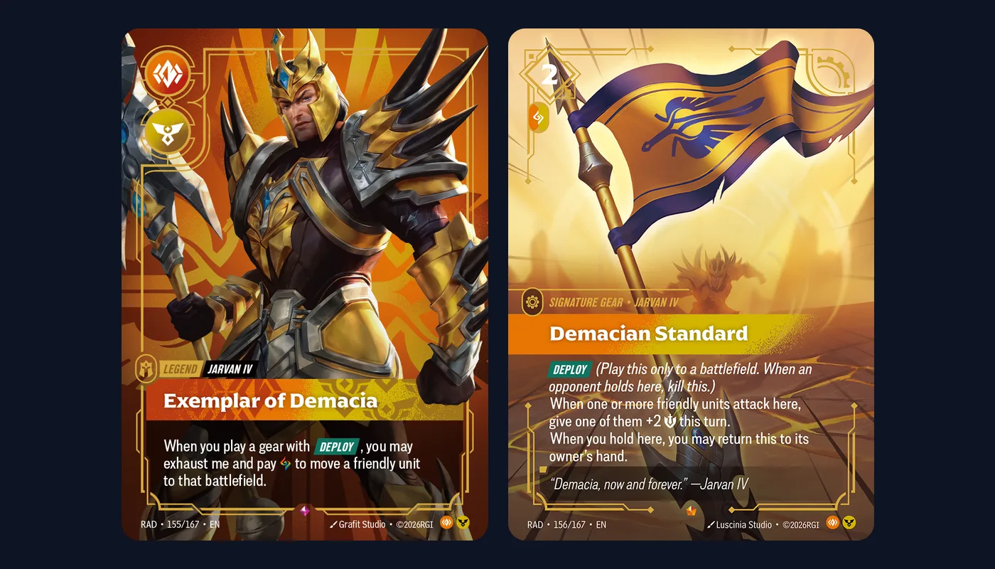 Two Riftbound Radiance cards side by side on a dark navy background: the Jarvan IV Legend Exemplar of Demacia (RAD 155/167), showing Jarvan IV in spiked gold-and-black armour holding a halberd against an orange background, with orange Body and gold Order symbols in the corner, and his Signature gear Demacian Standard (RAD 156/167), a gold-and-purple Demacian banner on a spear, carrying the Deploy keyword.