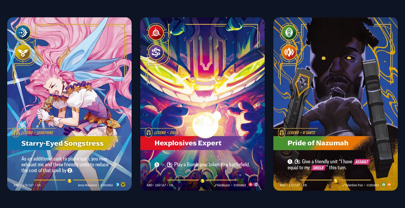 Three Riftbound Radiance Showcase Legend cards side by side on a dark navy background: Starry-Eyed Songstress (RAD 174/167), Seraphine with long pink hair singing into a golden microphone; Hexplosives Expert (RAD 169/167), a grinning Ziggs in goggles holding a glowing white bomb; and Pride of Nazumah (RAD 172/167), K'Sante half in shadow between two stone hammers, each card showing its two domain symbols in the top-left corner.