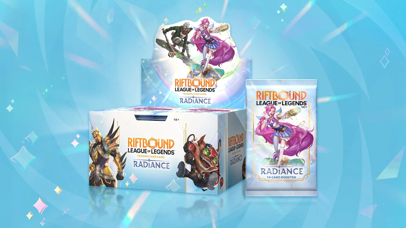 Official Riftbound Radiance booster display box and 14-card booster pack, showing Ekko and Seraphine on the box topper and pack art and Jarvan IV and Ziggs on the box's side panel, against a shimmering light-blue background.