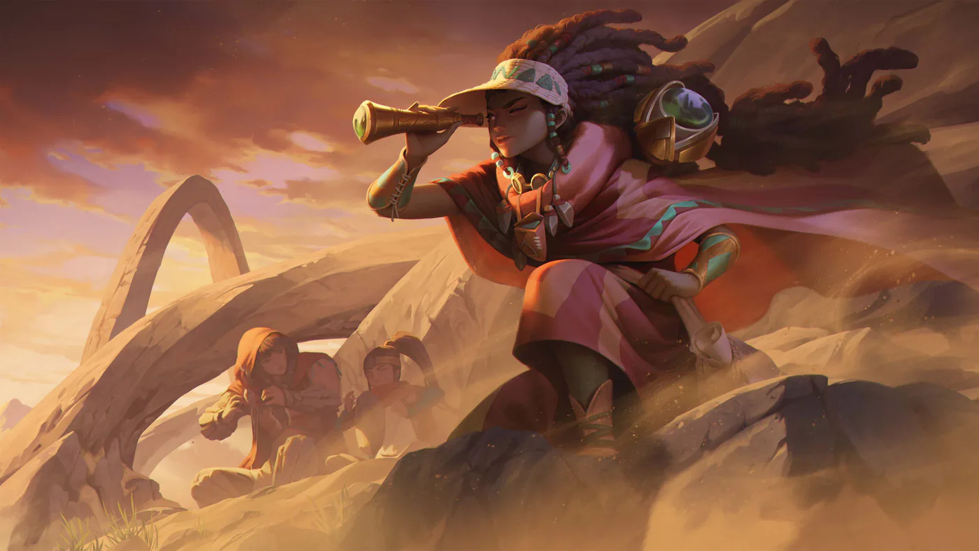 Official Riftbound key art for Radiance preview season: a scout in desert wraps looks through a brass telescope atop wind-carved sandstone arches at golden hour, two hooded companions crouched behind her.