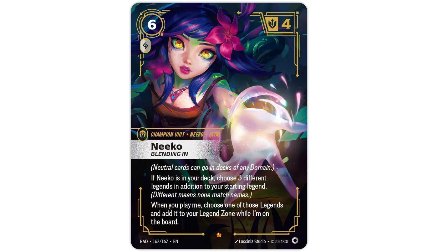 The Riftbound champion unit Neeko, Blending In (RAD 167/167) as printed: Neeko with dark blue hair, a pink flower and green-scaled cheeks reaching forward with a glowing pink hand, a 6 Energy cost, 4 Might and a grey domainless Power symbol, with rules text reading "choose 3 different legends in addition to your starting legend" - the wording Riot's 9 October errata changes to "up to 3".