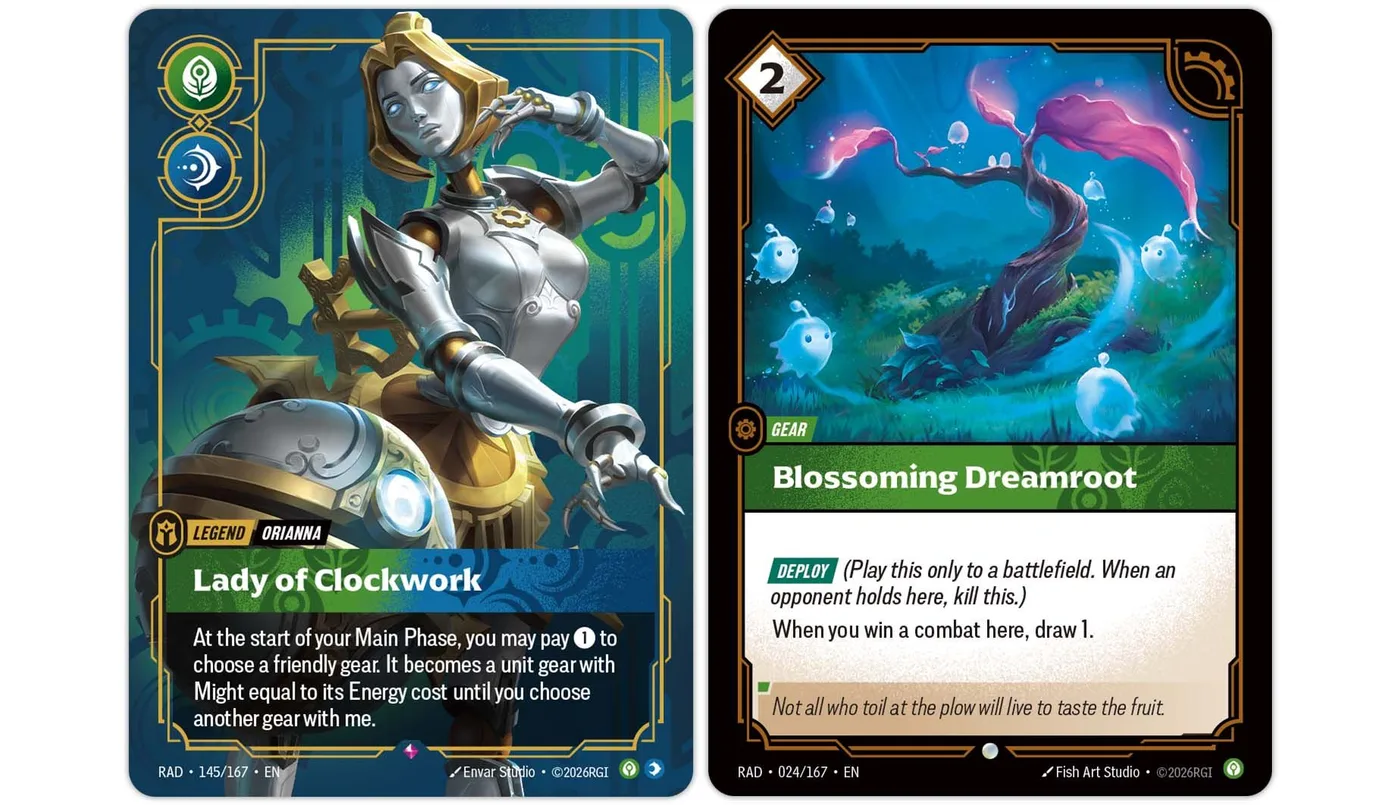 Two Riftbound Radiance cards side by side: the Orianna Legend Lady of Clockwork (RAD 145/167), showing Orianna as a silver-and-gold clockwork figure beside her glowing ball, with green and blue domain symbols and text reading "At the start of your Main Phase, you may pay 1 to choose a friendly gear. It becomes a unit gear with Might equal to its Energy cost until you choose another gear with me", and the 2-cost gear Blossoming Dreamroot (RAD 024/167), a twisted tree with pink blossoms surrounded by small white spirits, carrying the Deploy keyword and "When you win a combat here, draw 1."
