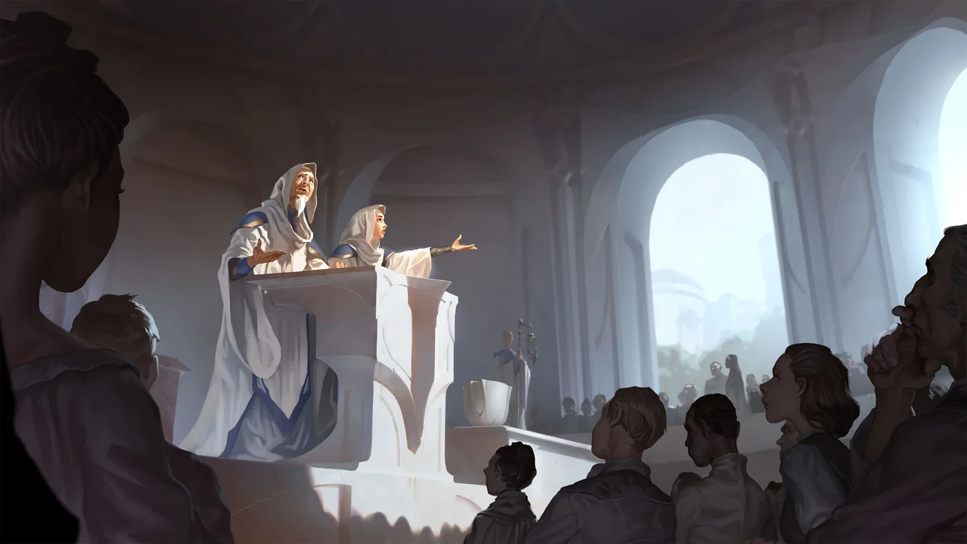Riftbound header art from Riot's Radiance Patch Notes article: two figures in white hooded robes with blue trim speak from a white stone lectern in a domed marble hall, one with arm outstretched, while a crowd of listeners in the foreground watches and pale daylight falls through tall arched windows.