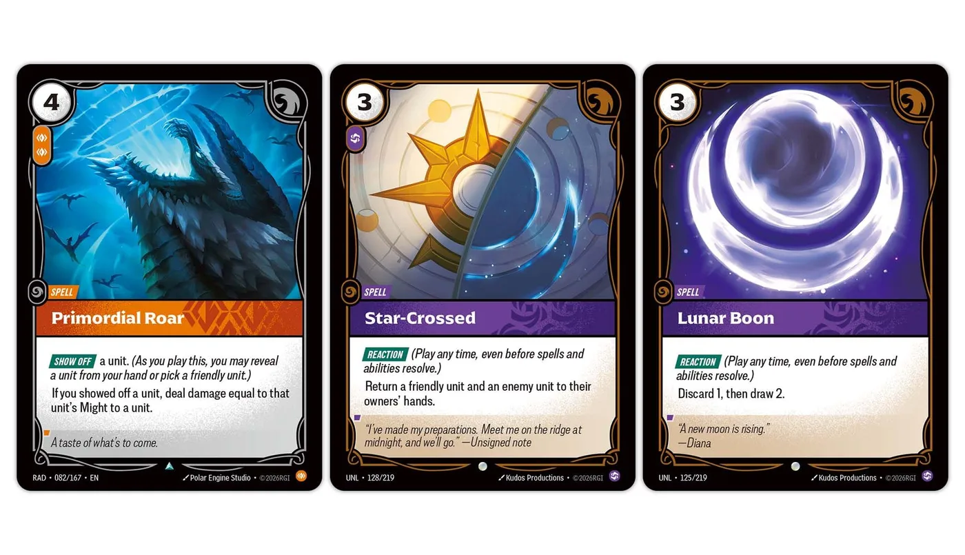 Three Riftbound spell cards side by side: Primordial Roar (RAD 082/167), a 4-cost spell with two orange Body Power pips showing a dark dragon roaring into a blue sky, with "Show Off a unit" and "If you showed off a unit, deal damage equal to that unit's Might to a unit"; Star-Crossed (UNL 128/219), a 3-cost Reaction showing a golden sun and blue moon emblem, which returns a friendly unit and an enemy unit to their owners' hands; and Lunar Boon (UNL 125/219), a 3-cost Reaction showing a swirling purple crescent orb, reading "Discard 1, then draw 2."