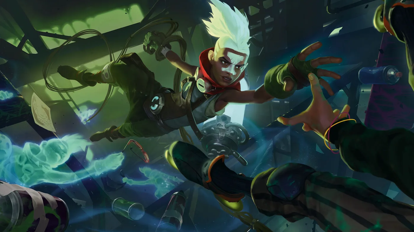 Official Riftbound key art of Ekko vaulting through a wrecked Zaun workshop in green and blue light, reaching a gloved hand toward the viewer, surrounded by drifting chronosphere debris.
