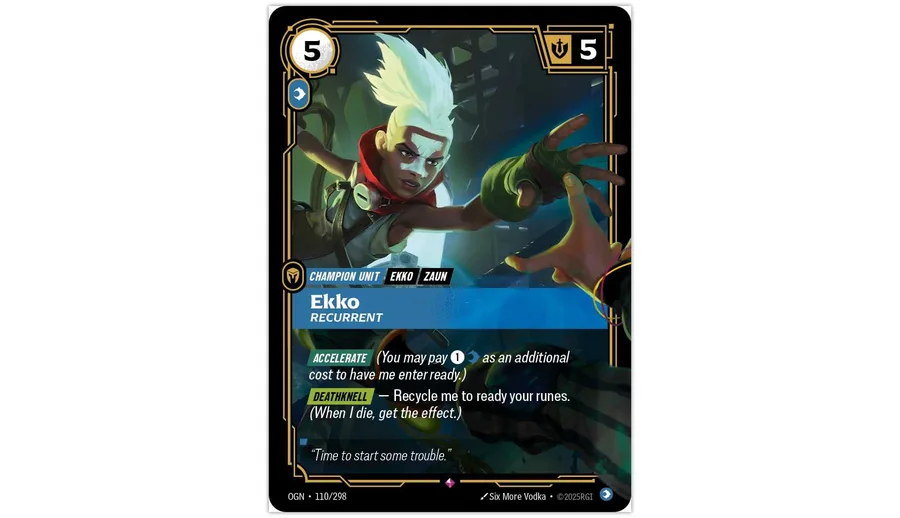 The Riftbound card Ekko, Recurrent (OGN 110/298): a cost 5, Might 5 Mind Champion Unit with Accelerate and a Deathknell that reads "Recycle me to ready your runes," flavour text "Time to start some trouble."