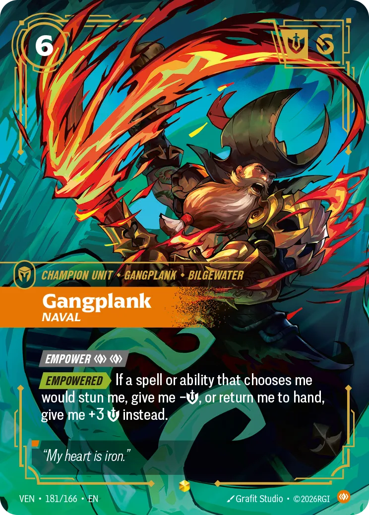 The Riftbound champion unit card Gangplank, Naval, collector number VEN 181/166, cost 6 Energy and 6 Might, showing Gangplank in dark armour swinging a flaming sword against a teal background, with text reading "If a spell or ability that chooses me would stun me, give me minus Might, or return me to hand, give me plus 3 Might instead."