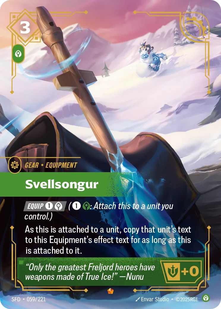 The Riftbound gear card Svellsongur, collector number SFD 059/221, showing an ornate flute-like blade wreathed in blue ice on a snowy Freljord mountainside, with the text "As this is attached to a unit, copy that unit's text to this Equipment's effect text for as long as this is attached to it."