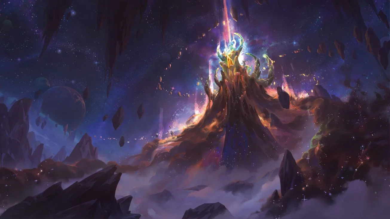 Riftbound key art of a towering dark rock spire crowned with glowing green claw-like shapes erupting in white and gold light, surrounded by floating debris, distant planets and a starfield above a sea of clouds.