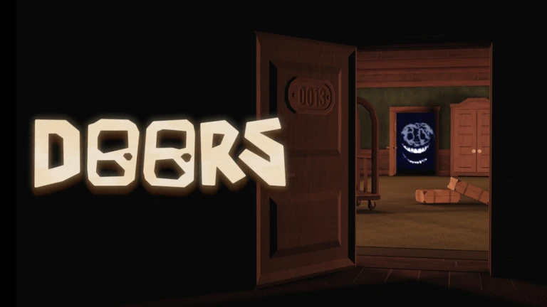 Promotional thumbnail for DOORS on Roblox, the co-op hotel-horror escape game where you push through 100 numbered doors while dodging entities.