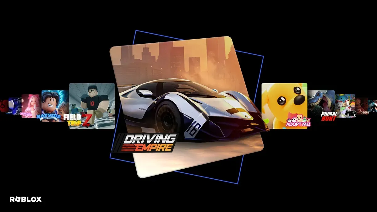 Roblox experiences carousel showing game tiles including Driving Empire, Adopt Me, Field Trip Z, and DOORS fanned around a featured racing game.