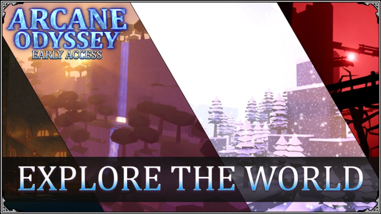 Promotional art for Arcane Odyssey on Roblox, an open-world magic RPG set across a vast hand-built sea of islands.