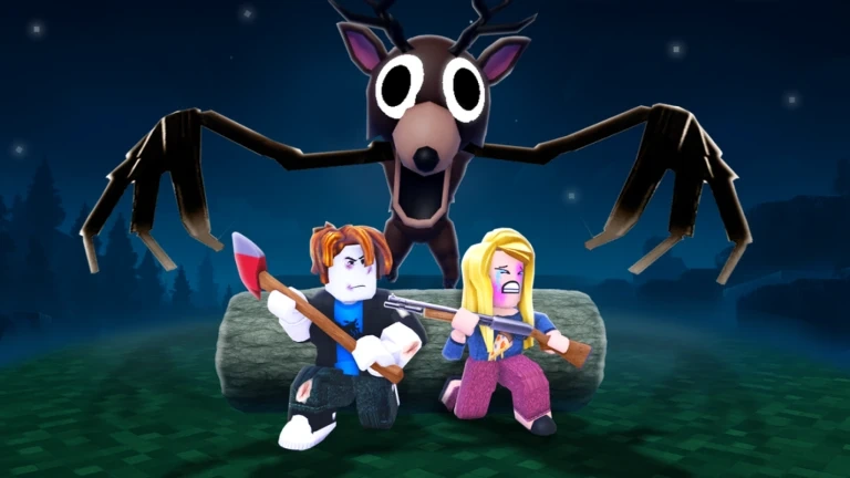Promotional thumbnail for 99 Nights in the Forest on Roblox, the camp-and-campfire survival game where you protect children across a forest at night.