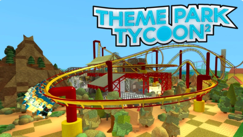 A custom-built theme park in Theme Park Tycoon 2 on Roblox, with roller coasters and rides laid out across a green plot of land.